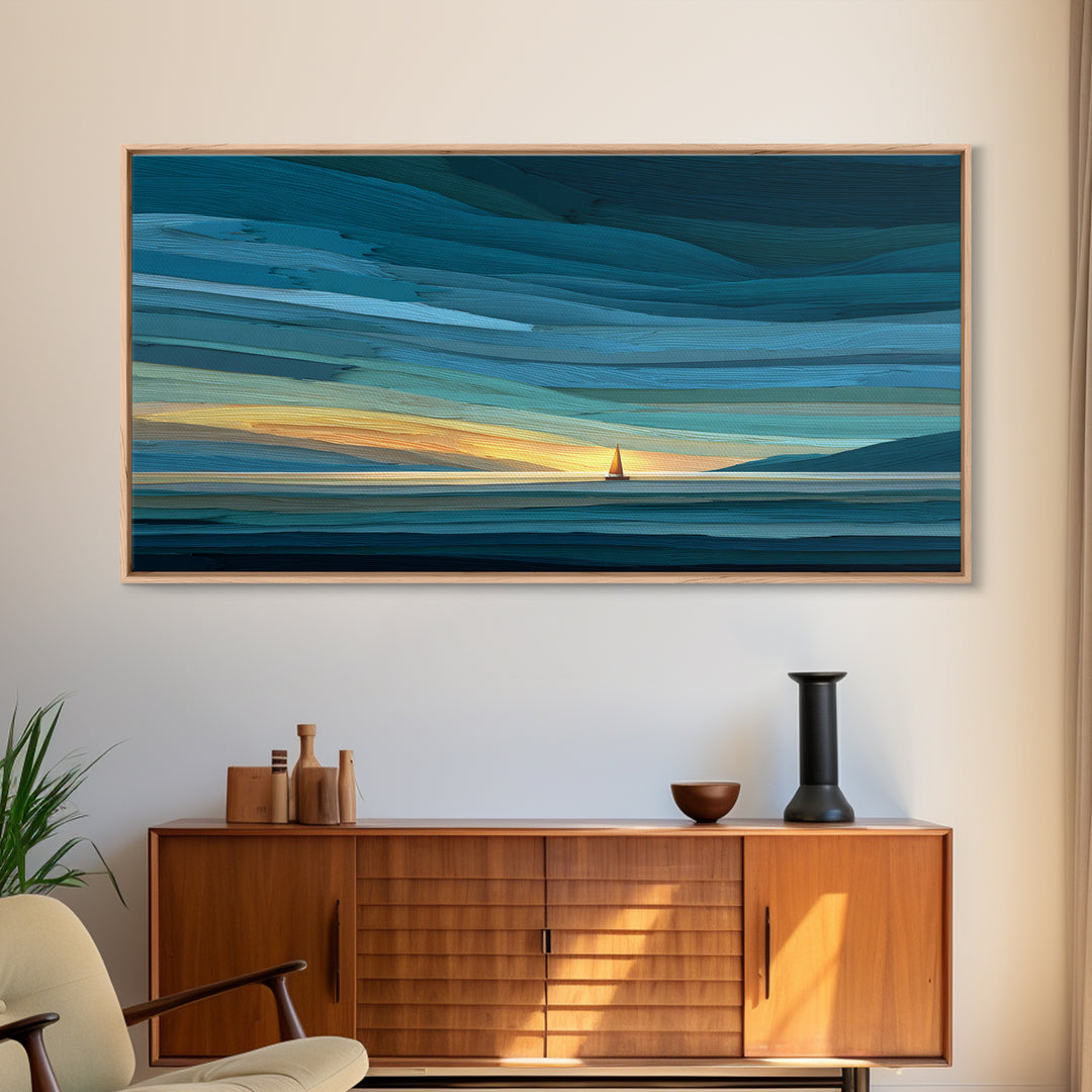Teal Sunset Sailboat Wall Art, Dramatic Ocean Seascape Print, Coastal Modern Decor, Nautical Lake House Canvas Artwork Print