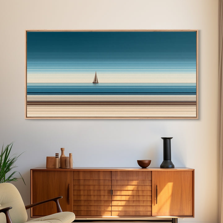 Minimalist Sailboat Horizon Canvas Print, Blue Beige Coastal Wall Art, Modern Nautical Decor For Living Room And Office Decor