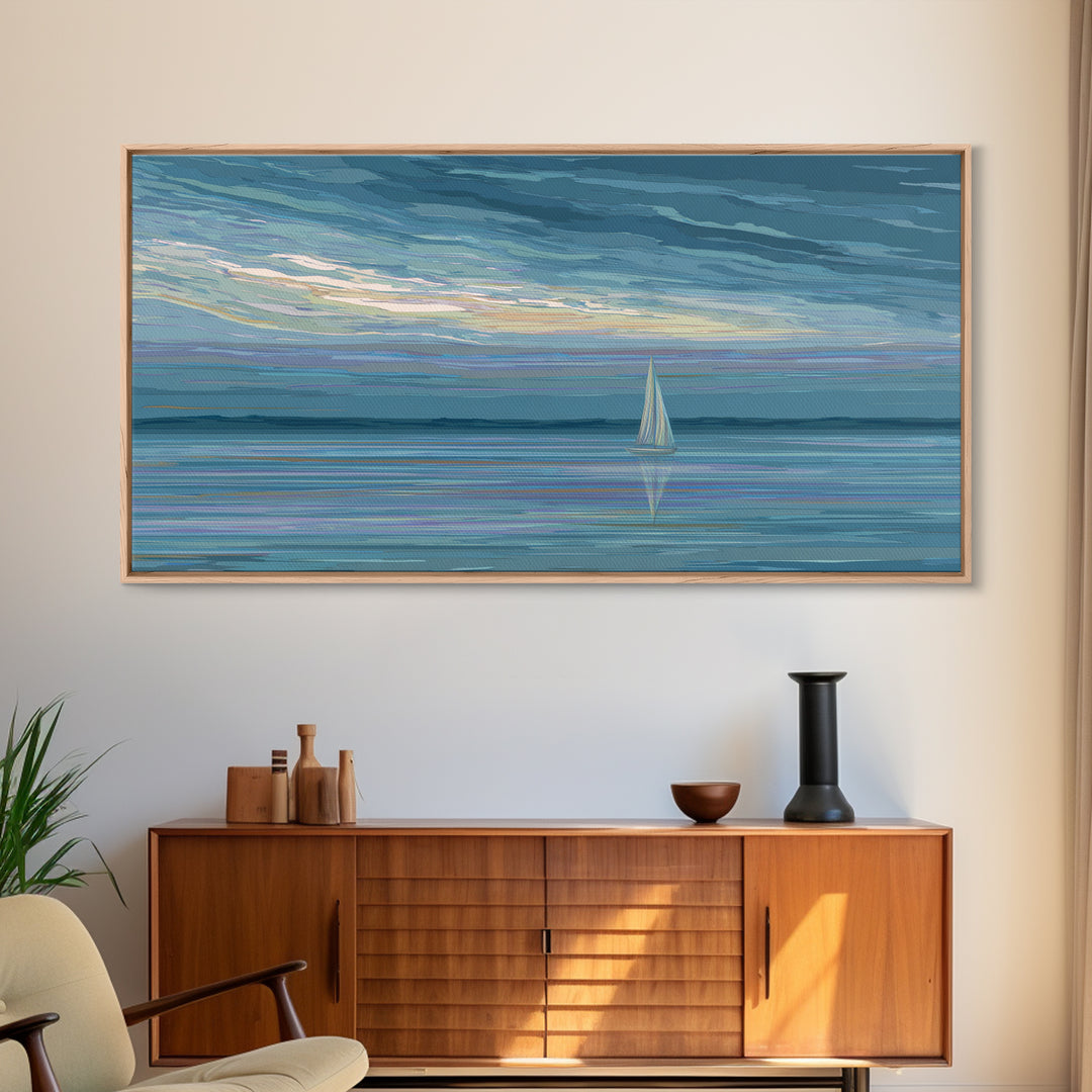 Painterly Sailboat Reflection Wall Art, Blue Coastal Seascape Print, Modern Ocean Decor, Nautical Landscape For Lake House
