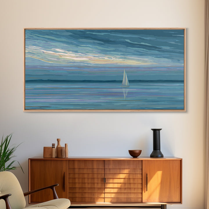 Painterly Sailboat Reflection Wall Art, Blue Coastal Seascape Print, Modern Ocean Decor, Nautical Landscape For Lake House