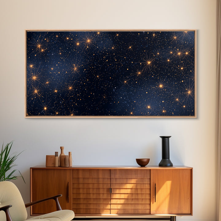 Golden Constellation Star Field Wall Art, Dark Navy Space Abstract Print, Modern Celestial Decor, Cosmic Bedroom Poster Art