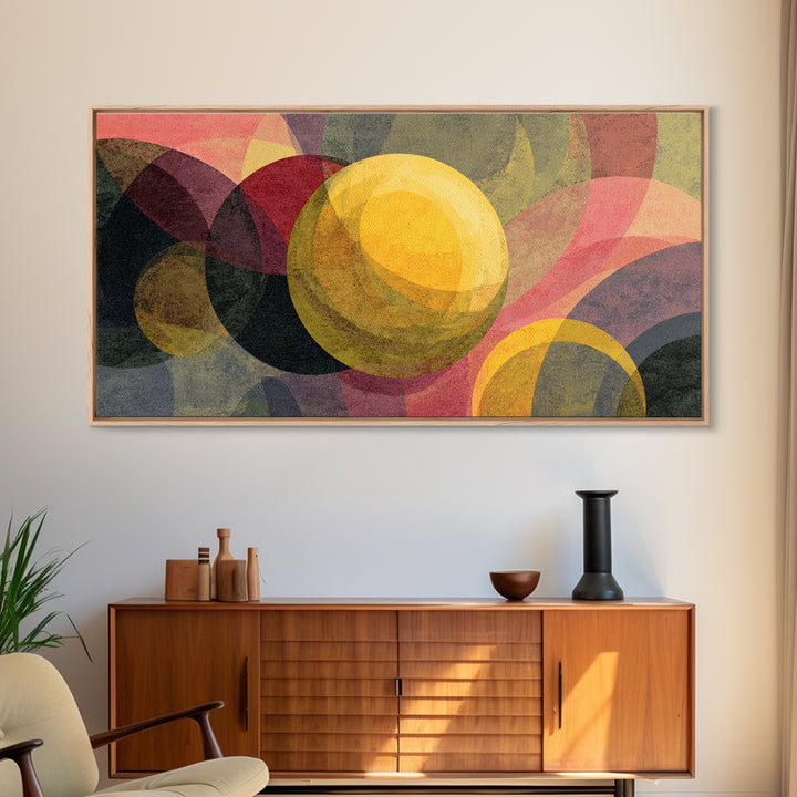 Layered Circles And Golden Orb Wall Art, Midcentury Modern Abstract Art, Retro Geometric Poster, Bold MCM Living Room Decor