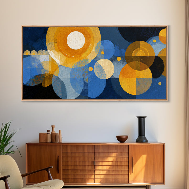 Blue Gold Atomic Circles Canvas Print, Midcentury Modern Wall Art, Geometric Abstract Poster, Retro Office Decor, MCM Home Art