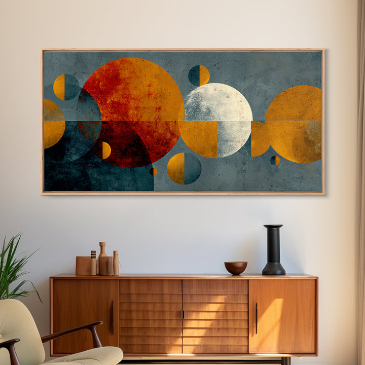Orange Moon And White Circle Wall Art, Midcentury Modern Abstract Print, Atomic Geometric Decor, Retro Living Room Poster