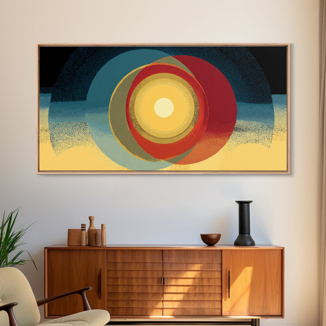 Glowing Concentric Sun Wall Art, Midcentury Modern Canvas Print, Retro Geometric Poster, Atomic Horizon Home Office Decor
