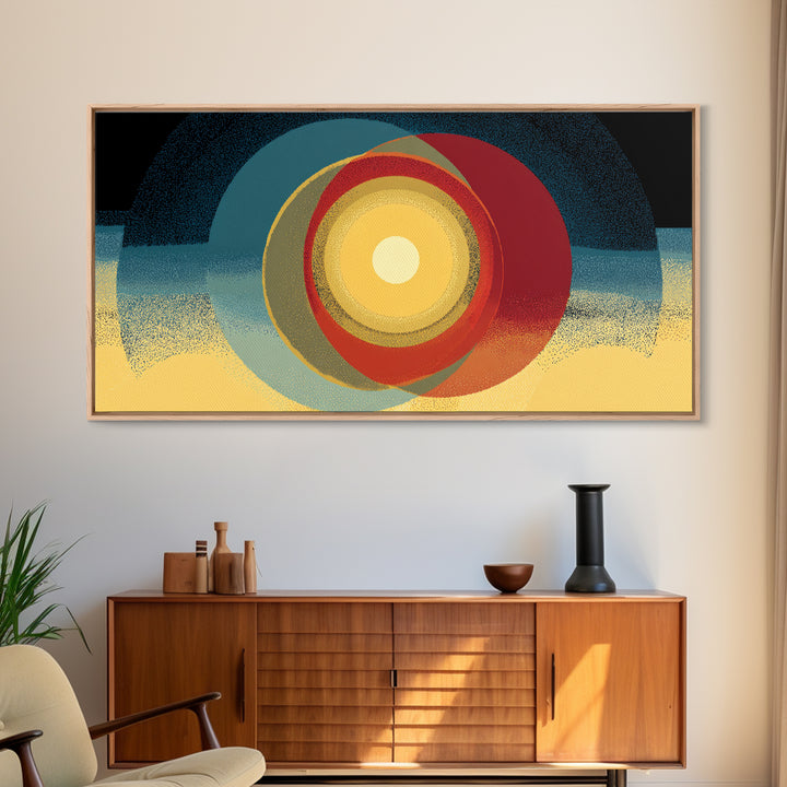 Glowing Concentric Sun Wall Art, Midcentury Modern Canvas Print, Retro Geometric Poster, Atomic Horizon Home Office Decor