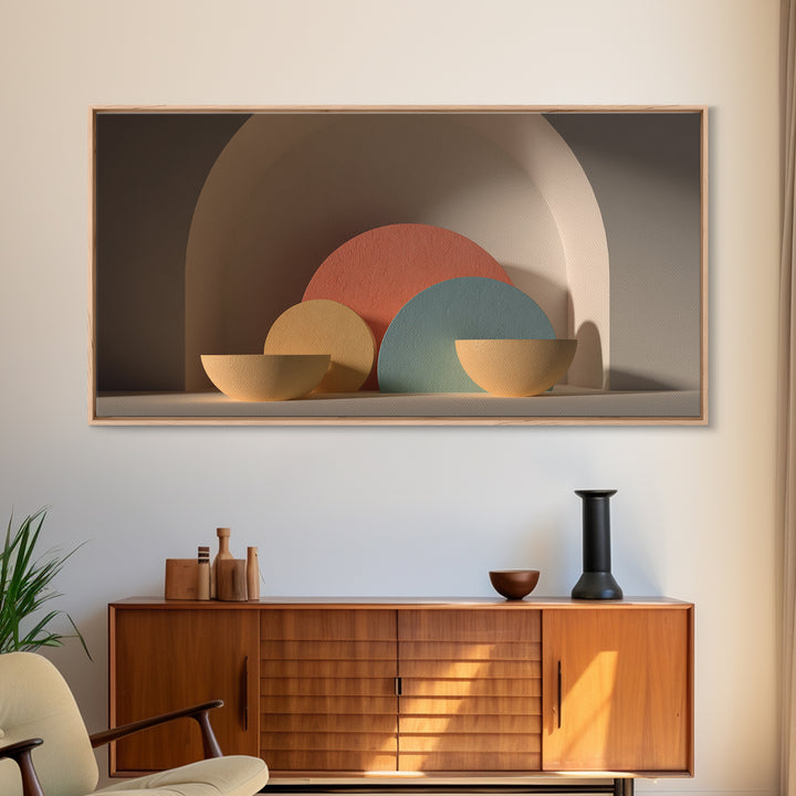 Minimalist Bowls In Arched Alcove Framed Canvas Print, Midcentury Modern Wall Art, Neutral Boho Decor, MCM Still Life Art