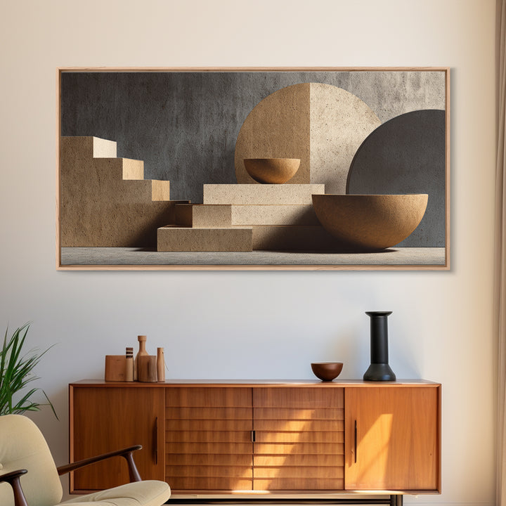 Architectural Stairs And Stone Bowls Wall Art, Framed Canvas Print, Midcentury Modern Decor, Neutral Abstract Home Office Art