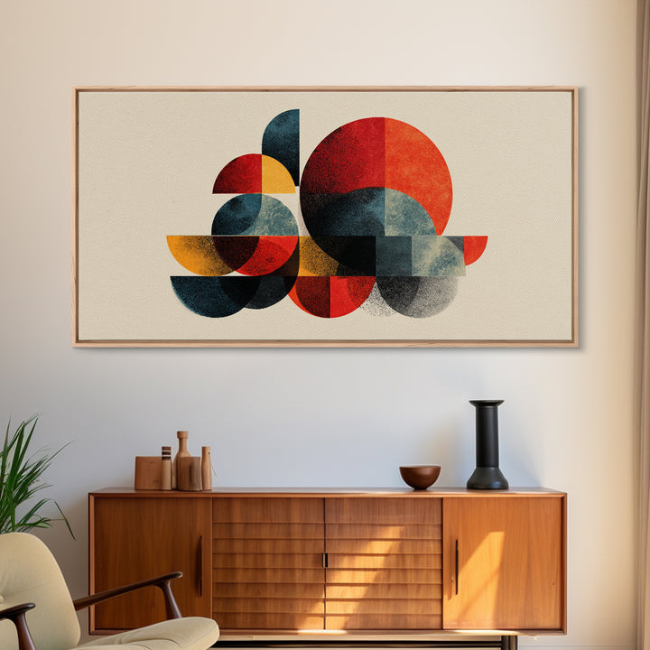 Red Teal Mustard Geometric Shapes Canvas Print, Midcentury Modern Wall Art, Bauhaus Abstract Poster, Bold Retro MCM Home Decor