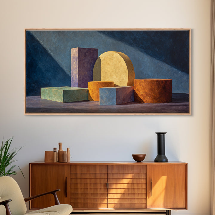 Colorful Blocks And Cylinders Still Life Wall Art, Framed Canvas Print, Modern Abstract Decor, Gallery Wall Office Poster