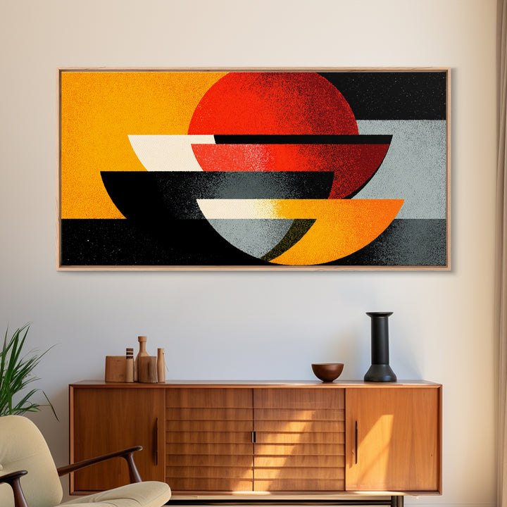 Red Sun And Black Bowls Wall Art, Midcentury Modern Canvas Print, Retro Geometric Abstract Poster, Orange MCM Home Decor