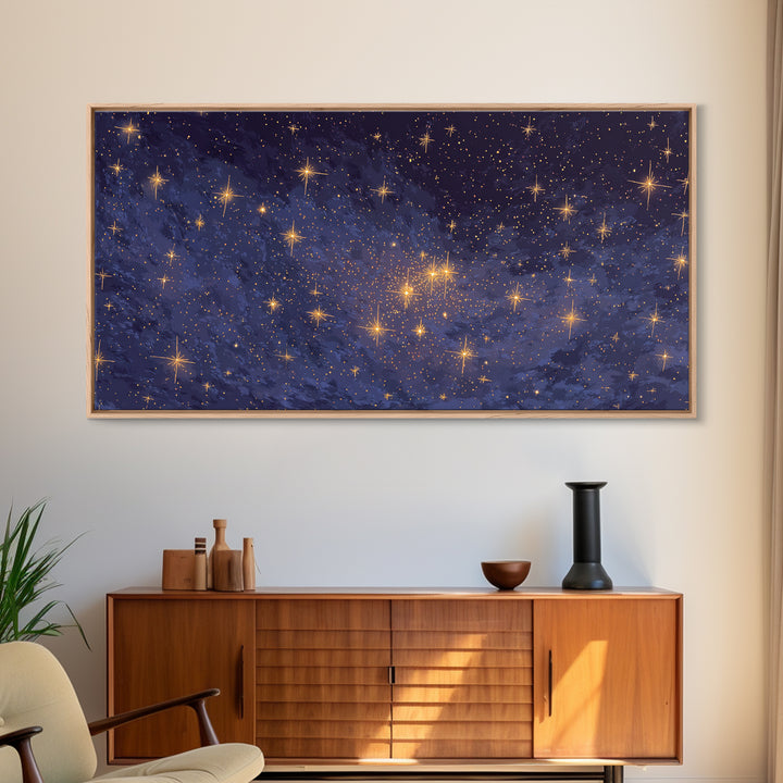 Purple Blue Galaxy Star Cloud Framed Canvas Print, Celestial Space Wall Art, Modern Cosmic Decor For Bedroom Or Office Decor