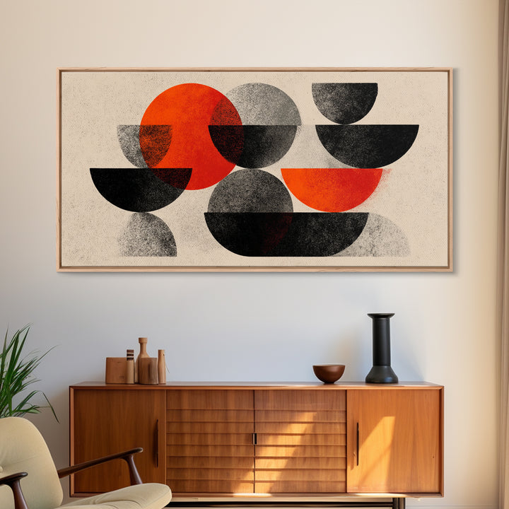 Red Black Gray Semi Circle Abstract Canvas Print, Mid Century Modern Wall Decor, Bauhaus Geometric Art For Office And Living Room