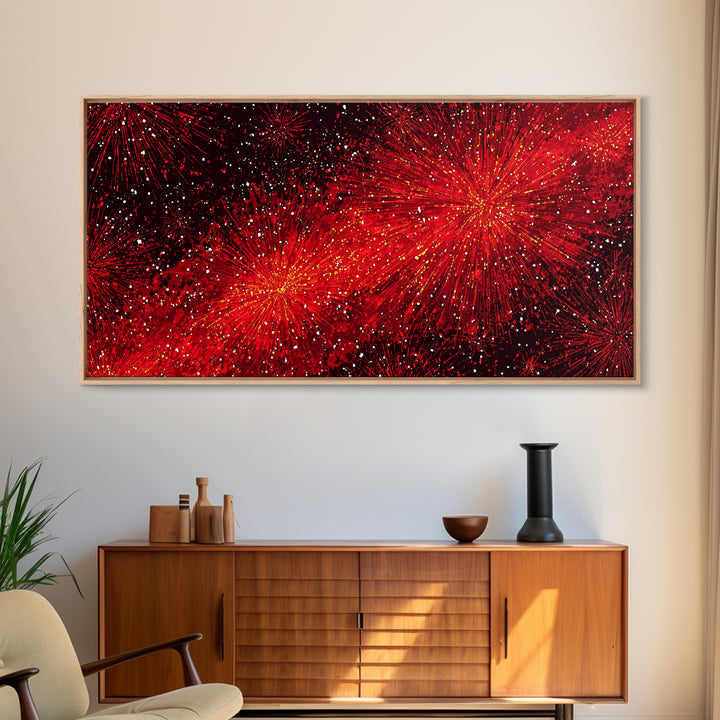 Fiery Red Starburst Fireworks Wall Art, Retro Atomic Mid Century Modern Decor, Bold Abstract Print For Living Room Or Office