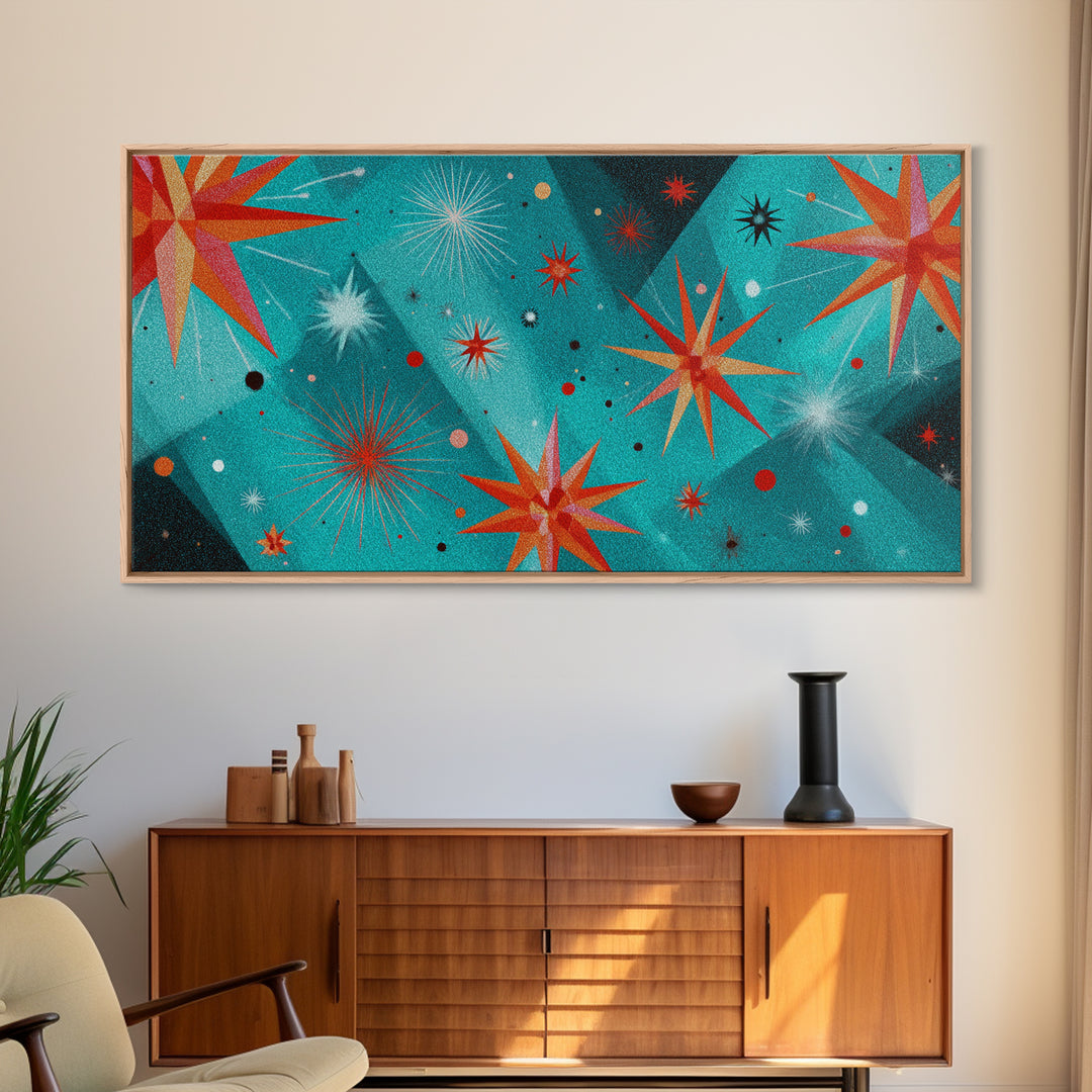 Turquoise Atomic Starburst Wall Art, Mid Century Modern Decor, Retro 50s Space Abstract Print For Living Room And Office