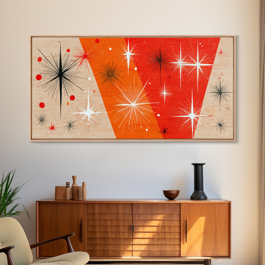 Orange Atomic Starburst Framed Canvas Print, Mid Century Modern Wall Decor, Retro Geometric Abstract Art For Bedroom Or Office