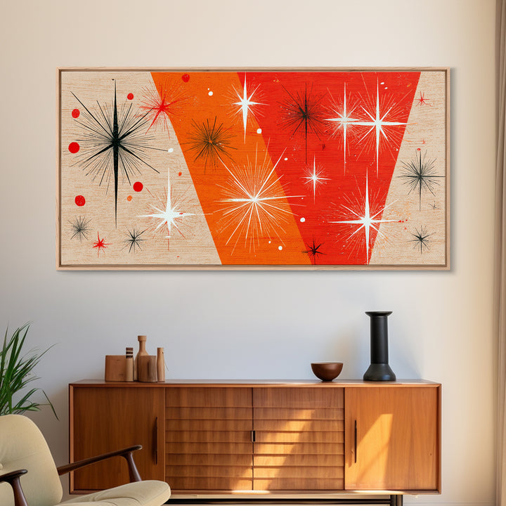 Orange Atomic Starburst Framed Canvas Print, Mid Century Modern Wall Decor, Retro Geometric Abstract Art For Bedroom Or Office
