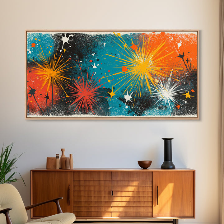 Teal Orange Splatter Starburst Wall Art, Atomic Mid Century Modern Decor, Retro Abstract Print For Living Room Or Office Decor