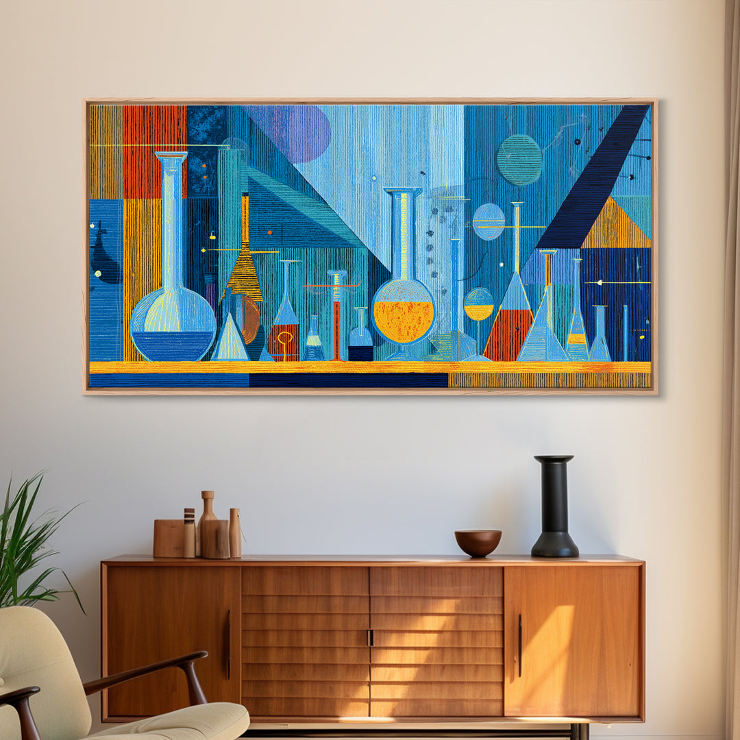 Blue Glass Chemistry Still Life Wall Art, Mid Century Modern Decor, Retro Science Canvas Print For Office Studio Or Kitchen