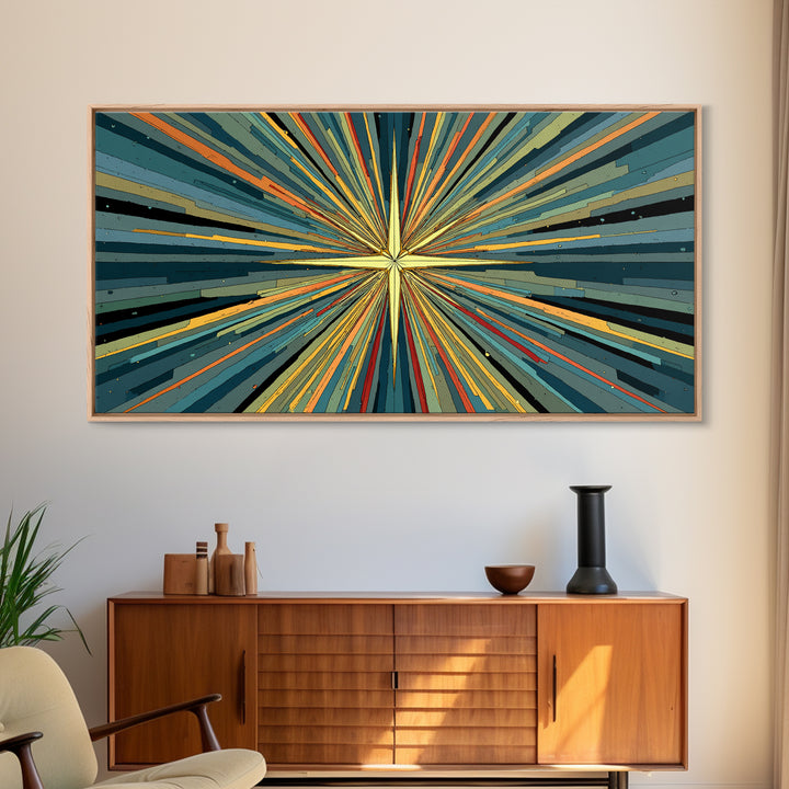 Teal Orange Atomic Starburst Wall Art, Midcentury Modern Abstract Print, Retro Geometric MCM Artwork For Living Room Decor