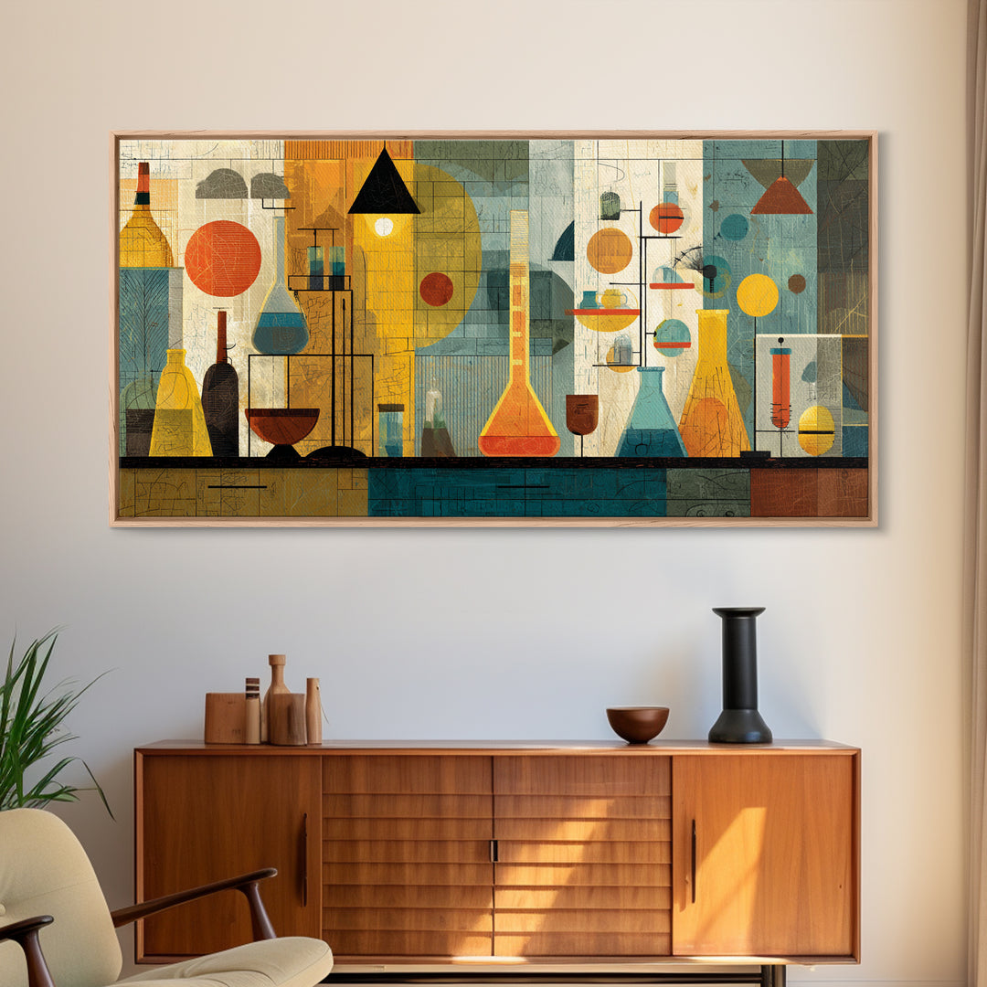 Yellow Teal Laboratory Still Life Framed Canvas Print, Mid Century Modern Wall Decor, Retro Science Art For Home Office Decor