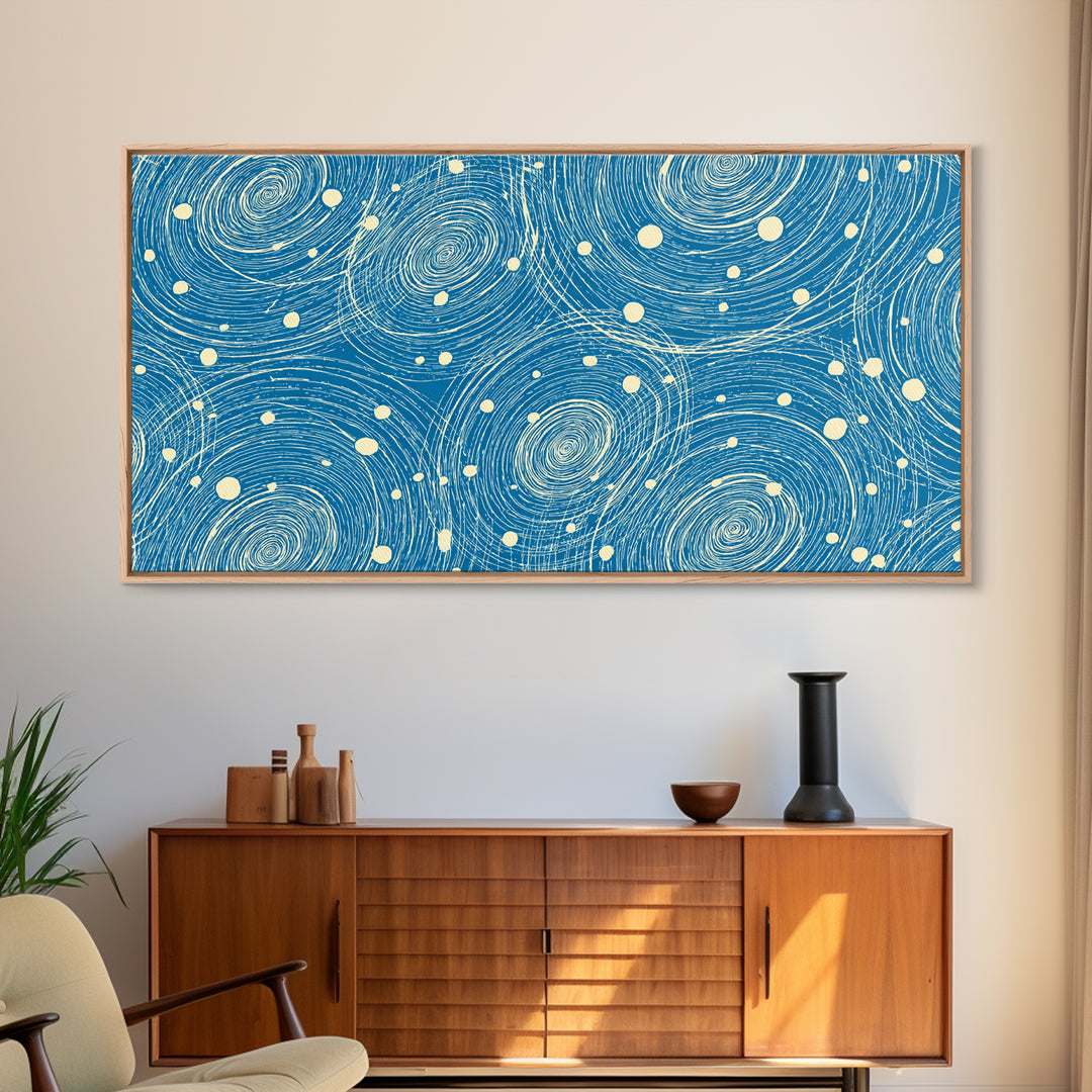 Blue Swirling Star Field Framed Canvas Print, Midcentury Modern Wall Art, Retro Abstract Poster, Cosmic Home Decor, MCM Office Decor