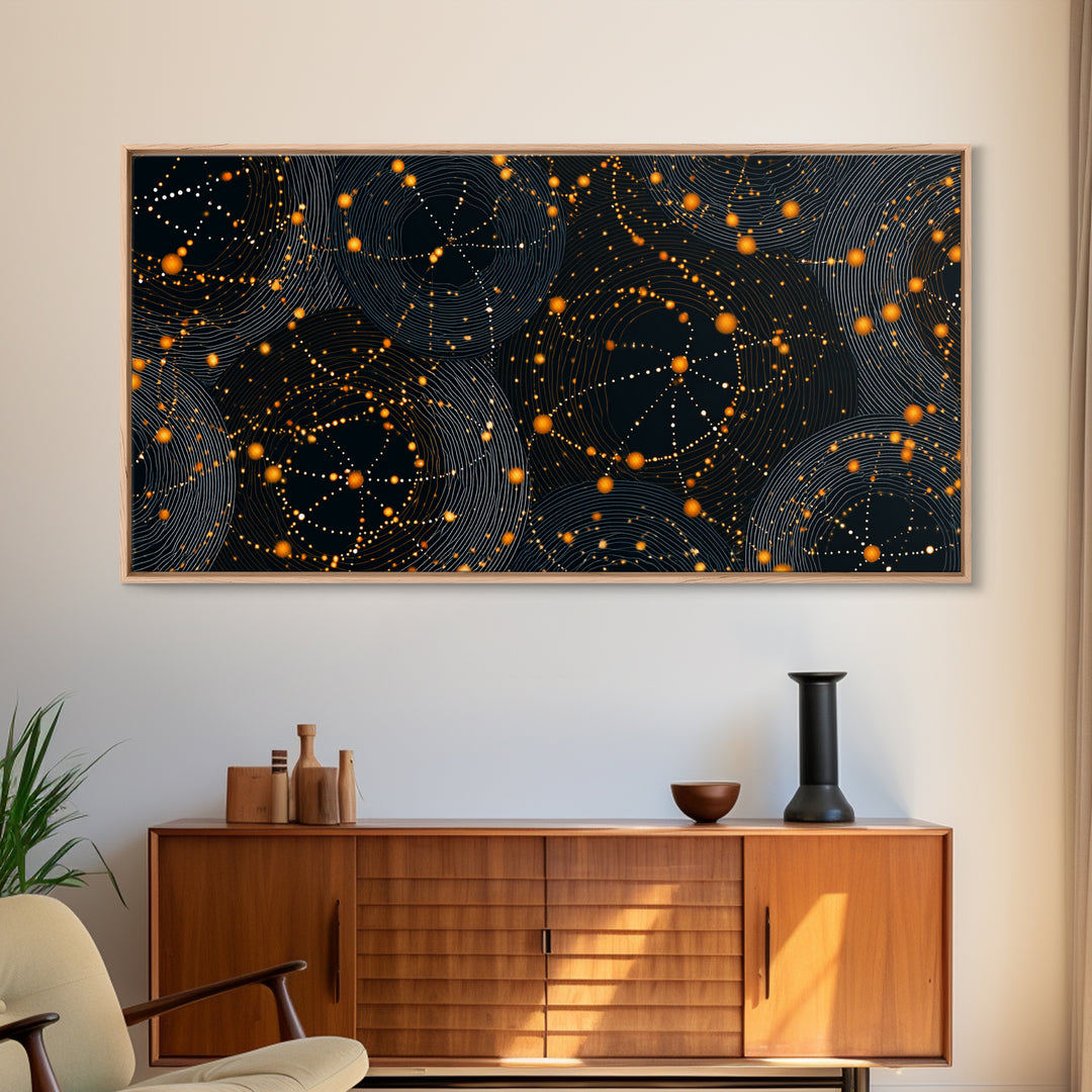 Orange Atomic Constellation Canvas Print, Midcentury Modern Wall Art, Retro Sci Fi Poster, Cosmic Abstract Decor For Office