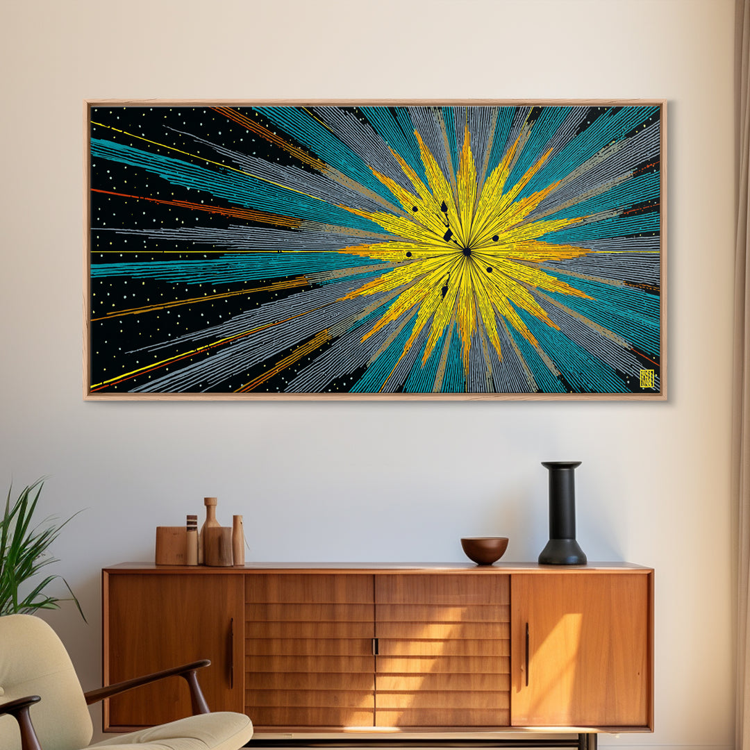 Yellow Teal Cosmic Starburst Canvas Print, Midcentury Modern Space Abstract Wall Art, Atomic Retro MCM Home Decor For Office Decor