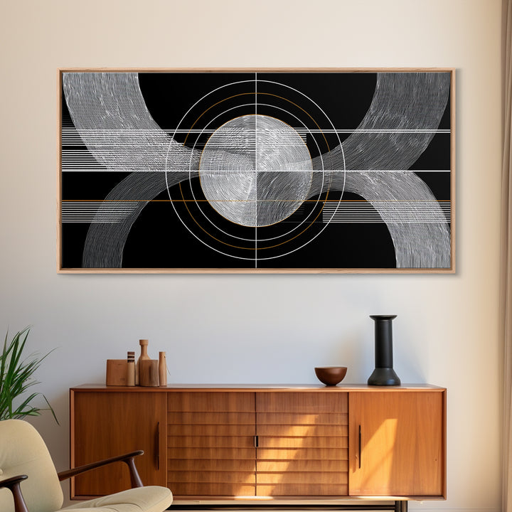 Black White Orbital Waves Framed Canvas Print, Midcentury Modern Wall Art, Geometric Abstract Poster, MCM Home Decor, Gold Accent