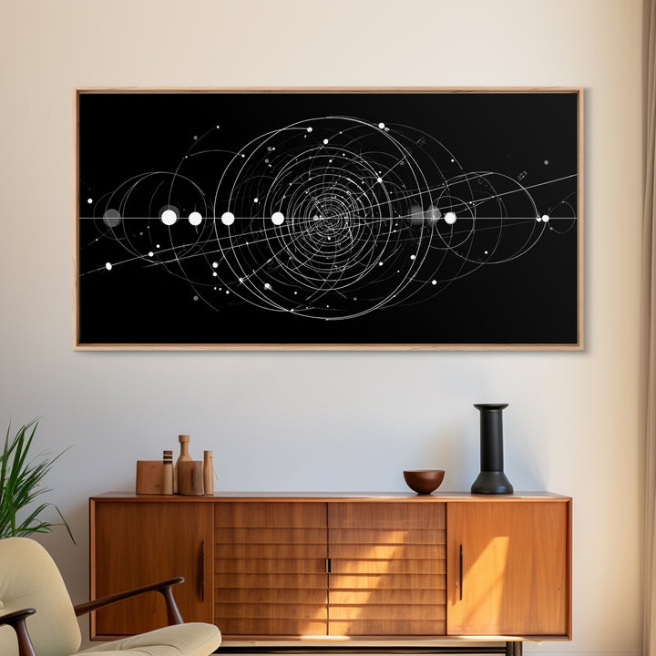 White Orbital Geometry In Black Space Wall Art, Modern Abstract Art Print, Sci Fi Decor, Geometric Wall Decor Gift For Office