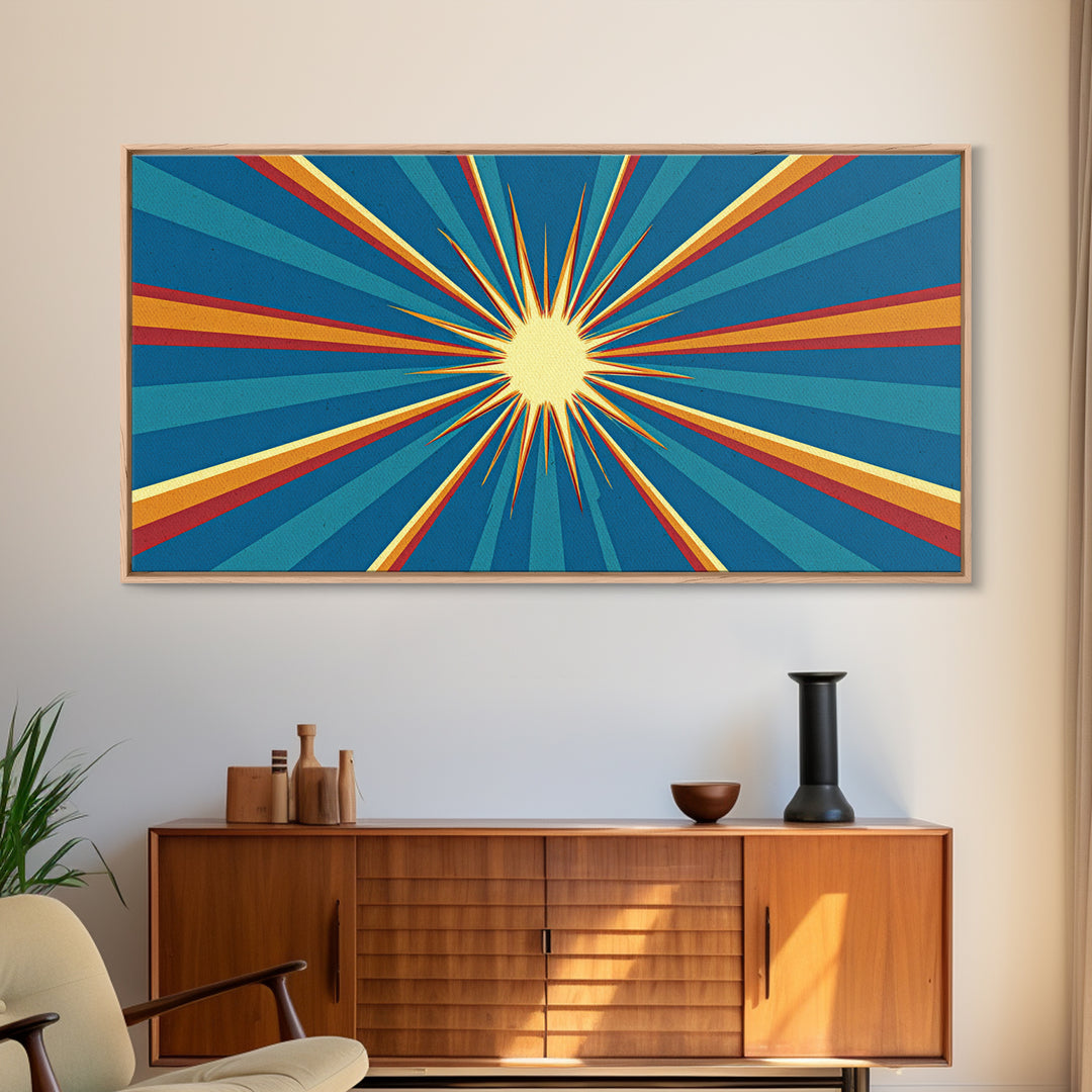 Retro Radiant Sunburst In Teal Blue Wall Art, Midcentury Modern Art, Atomic 60s Poster, Colorful Geometric Wall Decor Print