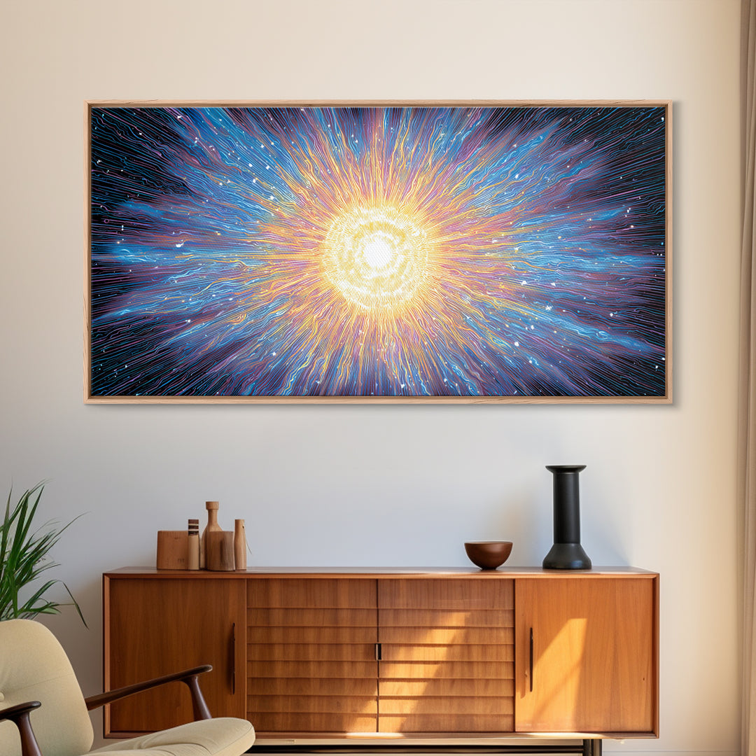Electric Solar Burst With Rainbow Lines Canvas Print, Space Abstract Art, Modern Wall Art, Colorful Sci Fi Decor Gift Idea