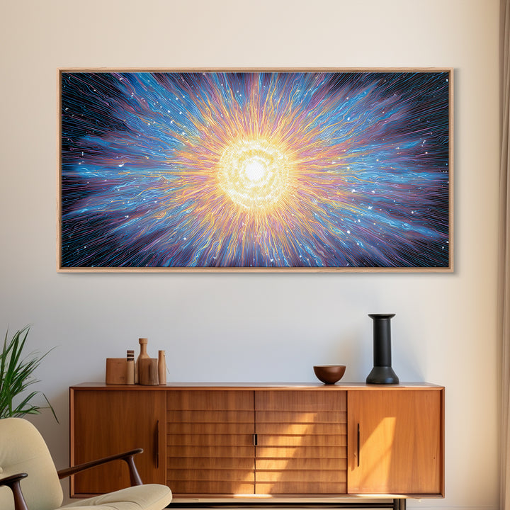 Electric Solar Burst With Rainbow Lines Canvas Print, Space Abstract Art, Modern Wall Art, Colorful Sci Fi Decor Gift Idea