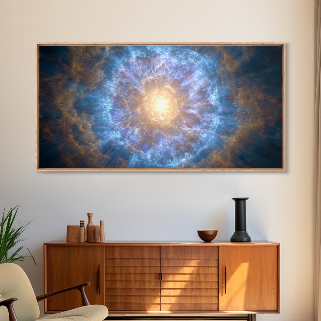 Blue Gold Nebula Eye Cosmic Light Wall Art, Space Abstract Art, Modern Wall Decor, Sci Fi Art Print For Living Room Decor