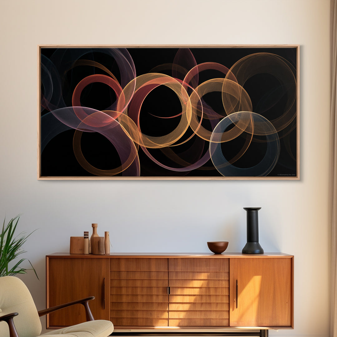 Glowing Transparent Orbital Rings Abstract Wall Art, Midcentury Modern Geometric Poster, Retro MCM Wall Decor, Large Canvas Print