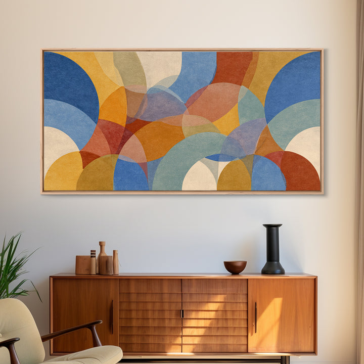 Colorful Translucent Circles And Arches Canvas Print, Midcentury Modern Abstract Art, Retro Wall Decor, Geometric Living Room Art