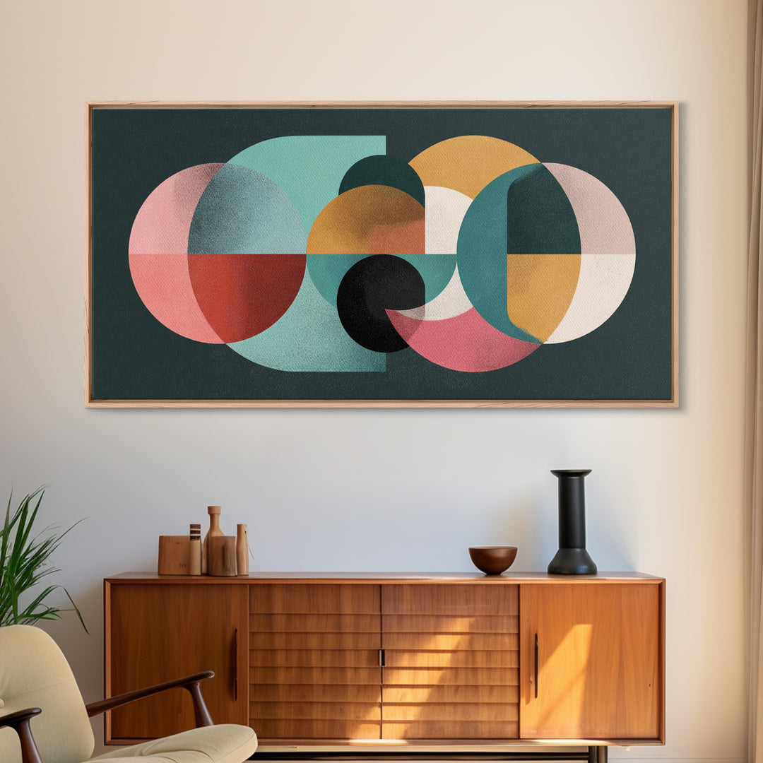 Pink Mint Mustard Oval Circle Blocks Wall Art, Midcentury Modern Geometric Print, Bauhaus Abstract Poster, MCM Wall Decor