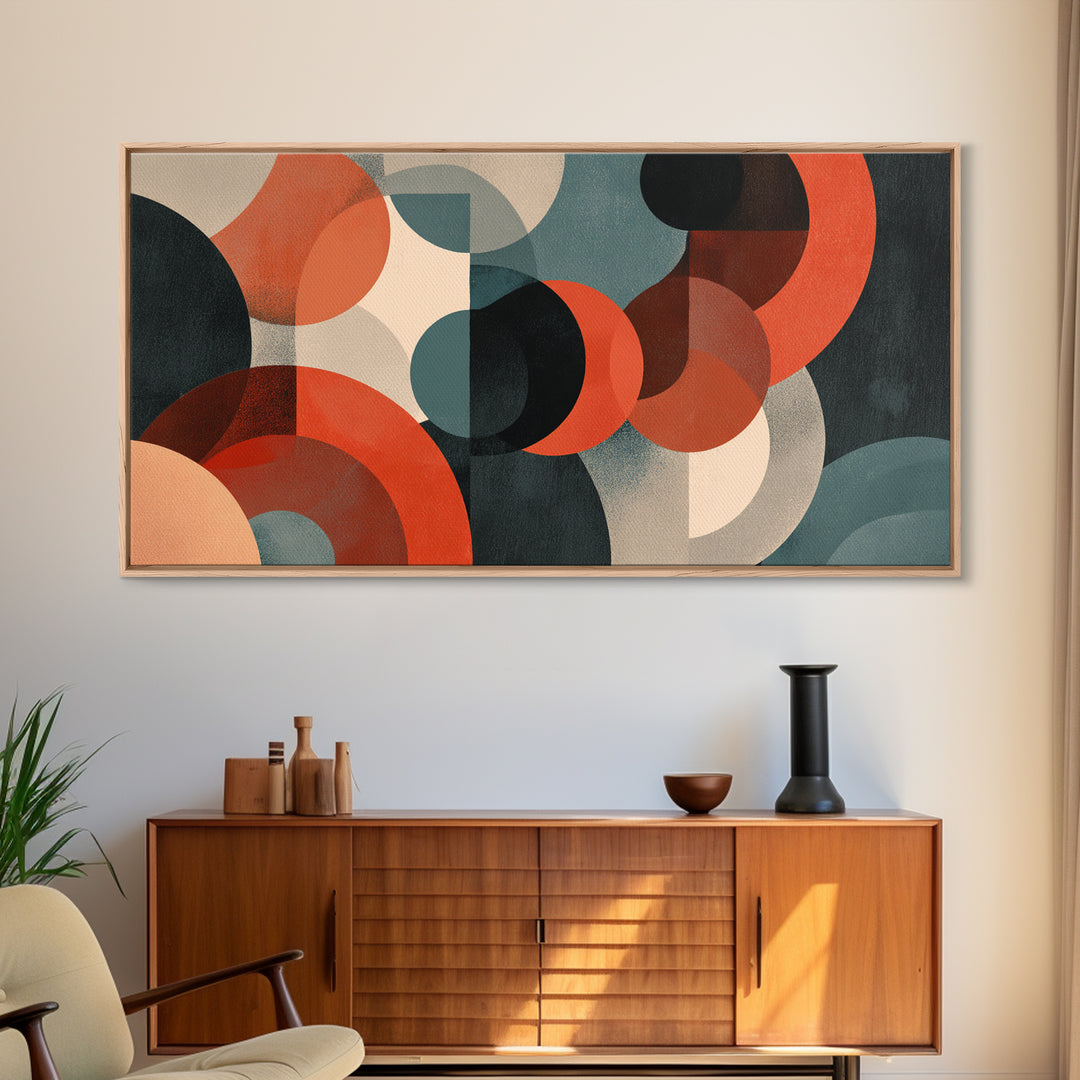 Rust Teal Cream Overlapping Circle Abstract Canvas Print, Midcentury Modern Wall Art, Retro Geometric Decor, Large MCM Poster