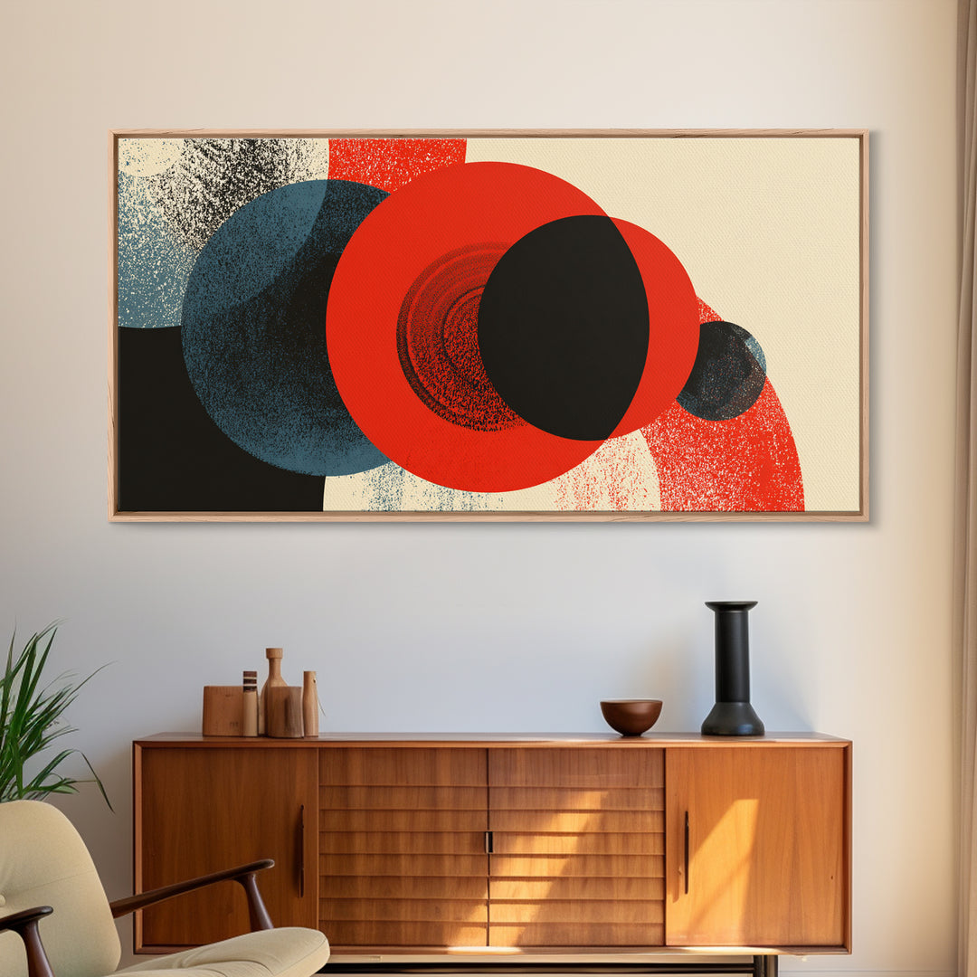 Bold Red Black And Blue Circle Collision Wall Art, Midcentury Modern Abstract Poster, Geometric MCM Decor, Large Canvas Print