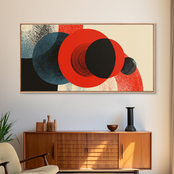 Bold Red Black And Blue Circle Collision Wall Art, Midcentury Modern Abstract Poster, Geometric MCM Decor, Large Canvas Print