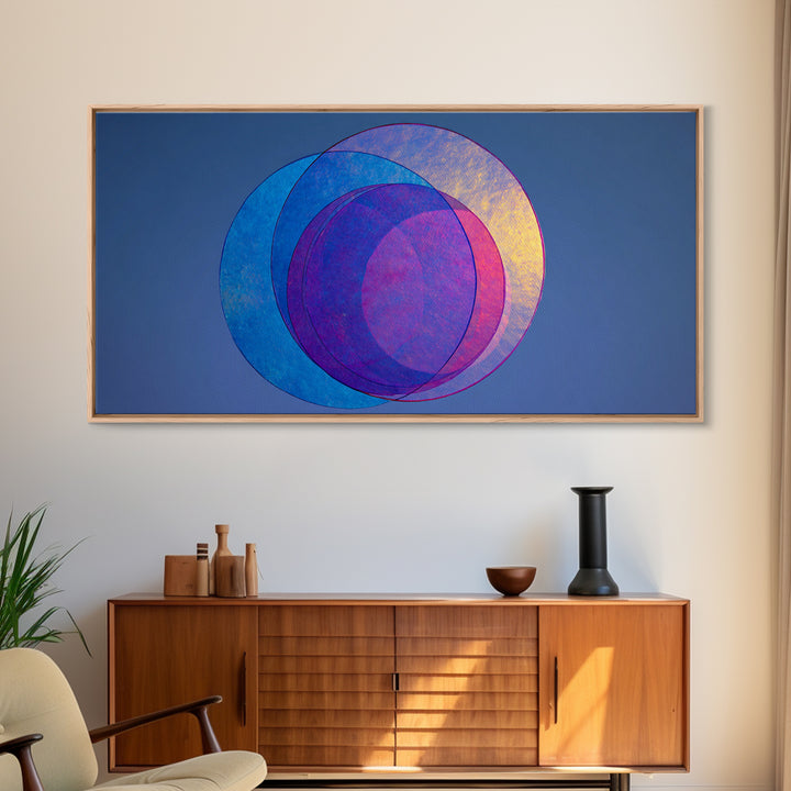 Blue Purple Transparent Planet Circles Canvas Print, Modern Abstract Wall Art, Midcentury Geometric Poster, Cool Bedroom Decor