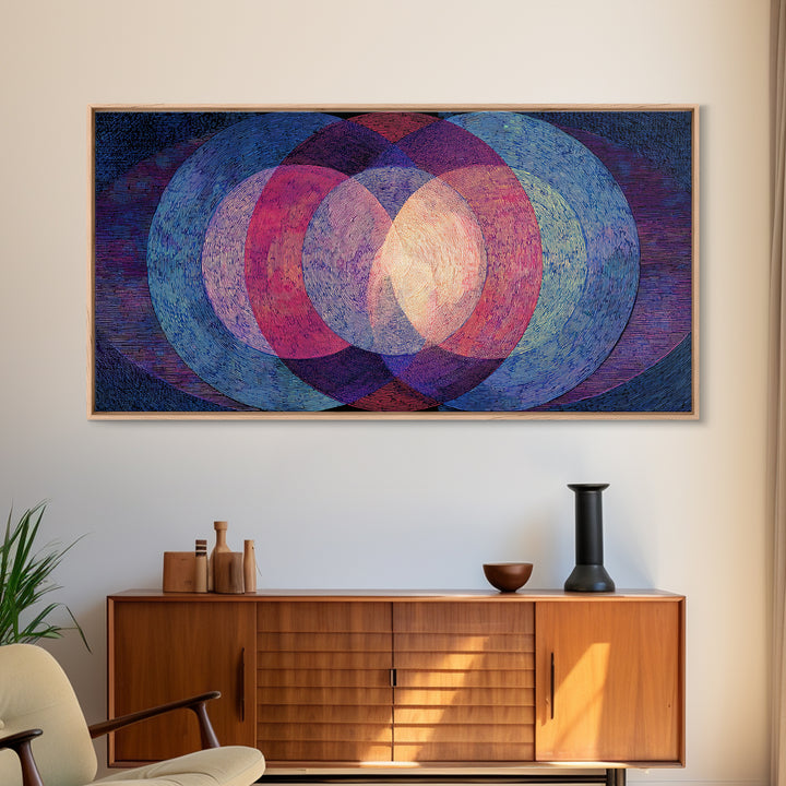 Textured Blue Pink Moire Oval Rings Wall Art, Midcentury Modern Abstract Art Print, Op Art Poster, Retro Geometric MCM Decor