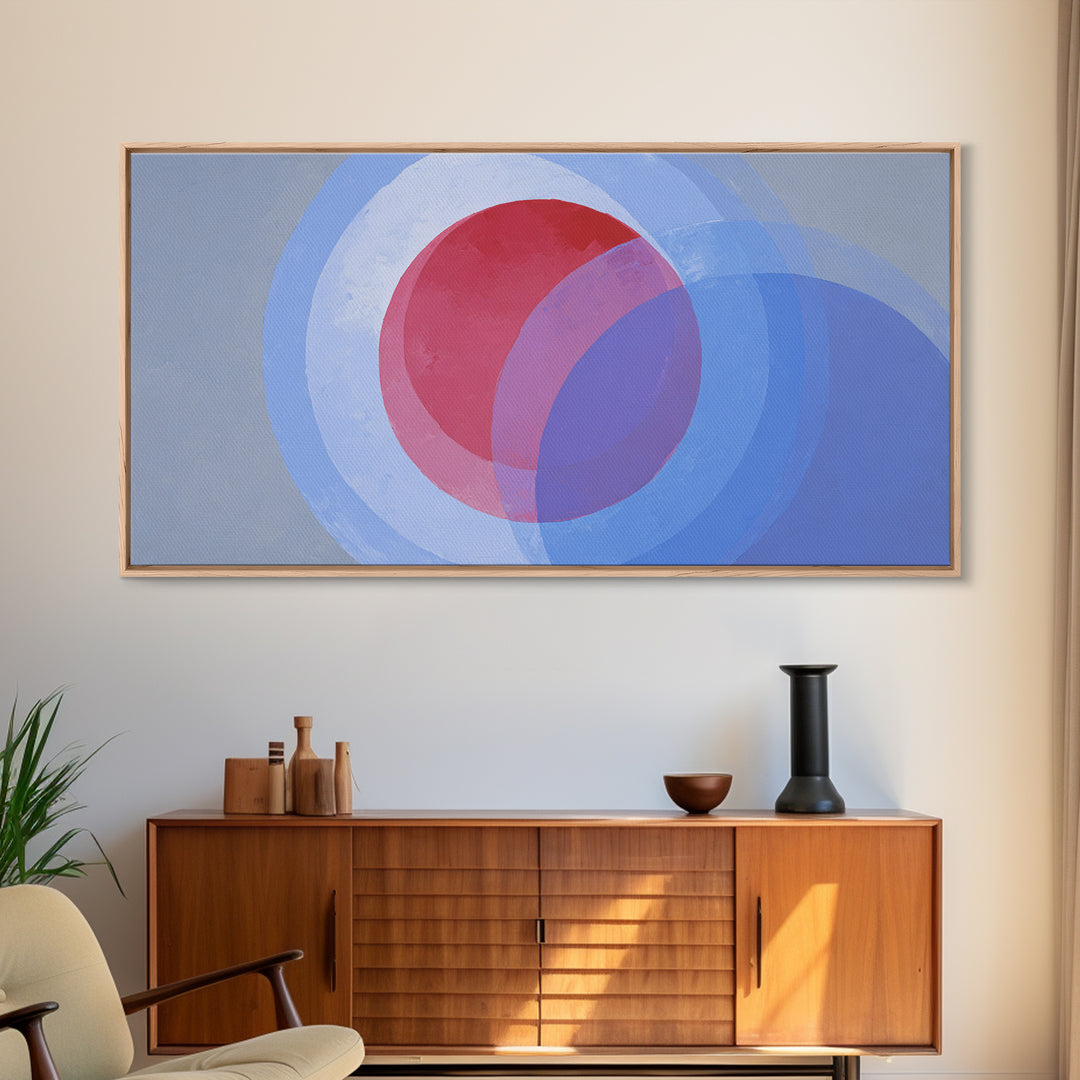 Soft Red Violet And Blue Concentric Circles Canvas Print, Modern Abstract Wall Art, Minimal Geometric Decor, Serene Bedroom Art