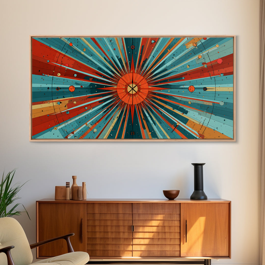 Orange Teal Cosmic Sunburst Canvas Print, Midcentury Modern Art, Retro Atomic Poster, Bold Geometric Wall Decor, 1950s Space Print