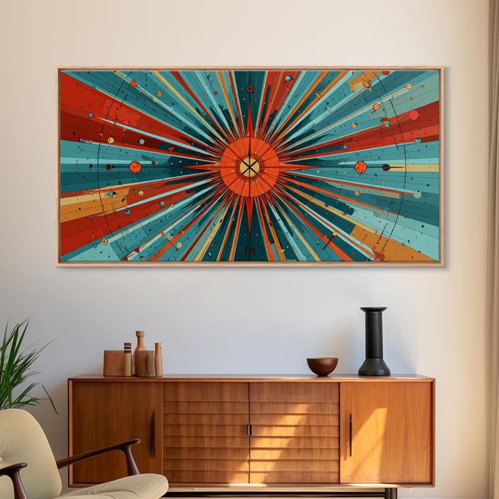 Orange Teal Cosmic Sunburst Canvas Print, Midcentury Modern Art, Retro Atomic Poster, Bold Geometric Wall Decor, 1950s Space Print