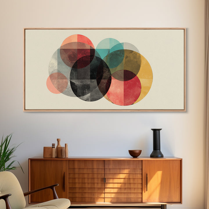 Neutral Black Red Yellow Circle Cluster Framed Canvas Print, Midcentury Modern Wall Art, Retro Geometric Poster, MCM Home Decor