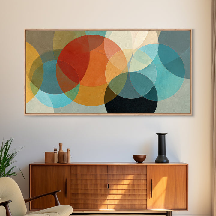 Overlapping Retro Circles Abstract In Teal Orange Mustard Wall Art, Mid Century Modern Print, Geometric MCM Living Room Decor