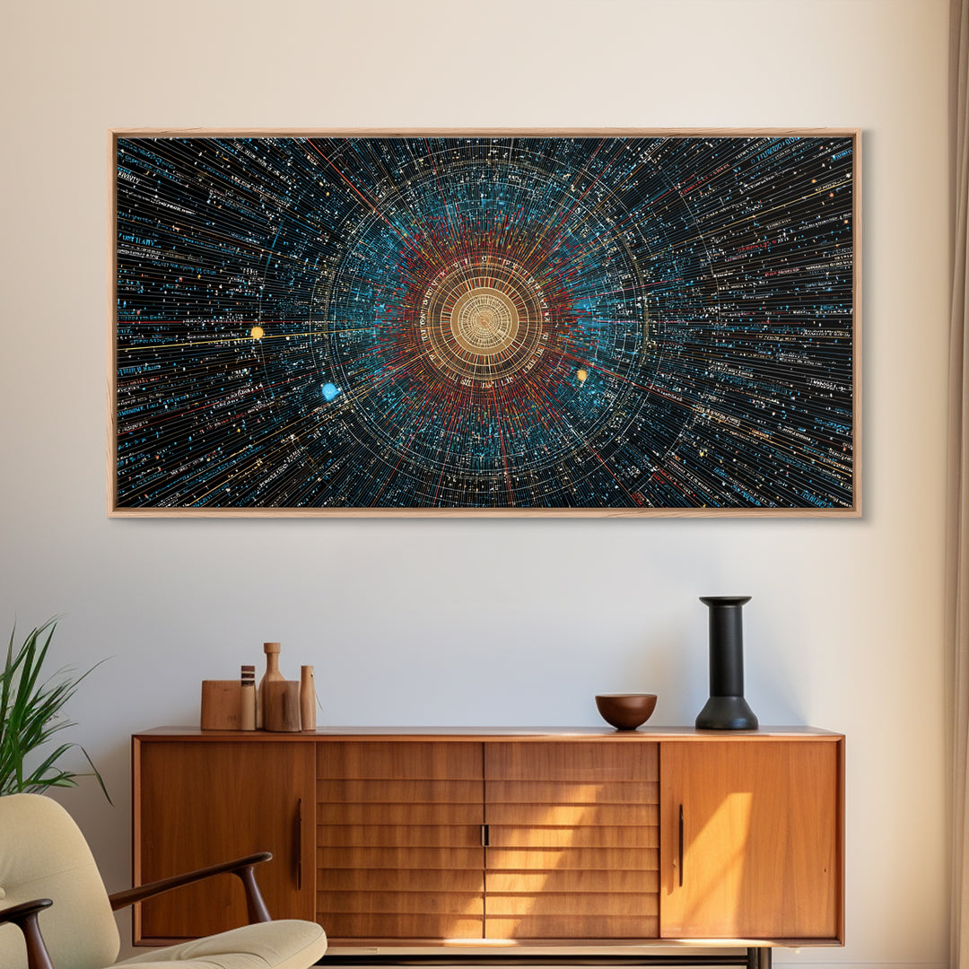 Golden Data Starburst Framed Canvas Print, Modern Abstract Art, Cosmic Geometric Wall Decor, Sci Fi Poster, Blue Orange Space Art