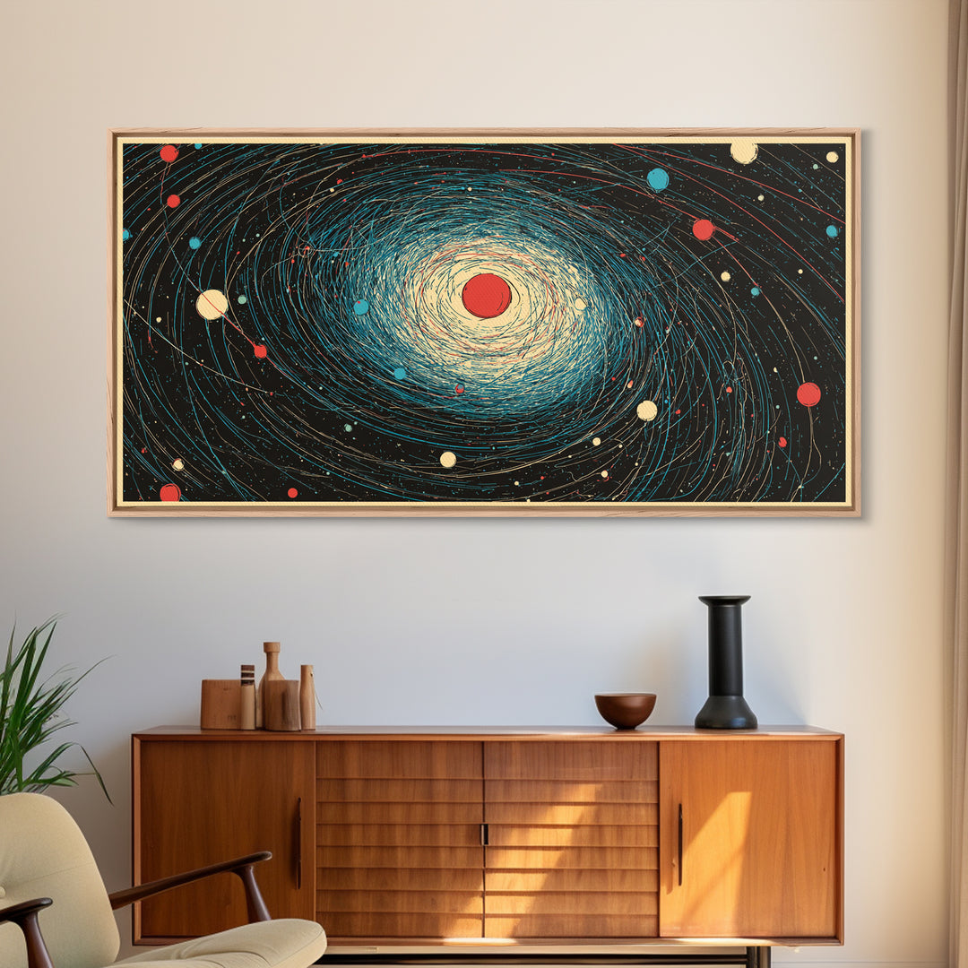 Cream Red Spiral Galaxy Canvas Print, Midcentury Modern Art, Retro Space Poster, Abstract Wall Decor, Atomic Planet Artwork