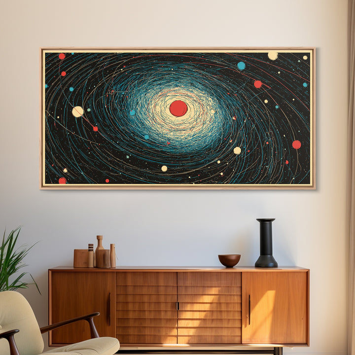 Cream Red Spiral Galaxy Canvas Print, Midcentury Modern Art, Retro Space Poster, Abstract Wall Decor, Atomic Planet Artwork